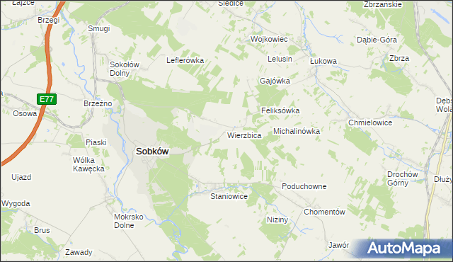 mapa Wierzbica gmina Sobków, Wierzbica gmina Sobków na mapie Targeo