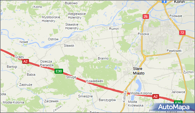 mapa Branno gmina Rzgów, Branno gmina Rzgów na mapie Targeo