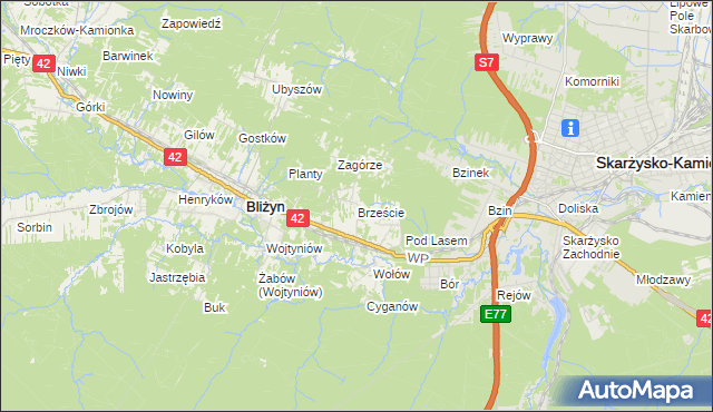 mapa Brzeście gmina Bliżyn, Brzeście gmina Bliżyn na mapie Targeo