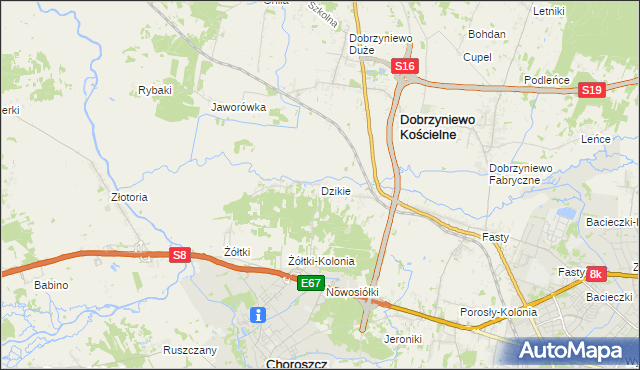 mapa Dzikie gmina Choroszcz, Dzikie gmina Choroszcz na mapie Targeo