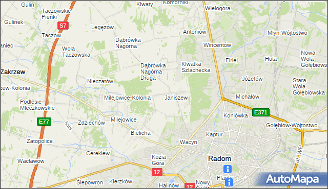 mapa Janiszew gmina Zakrzew, Janiszew gmina Zakrzew na mapie Targeo