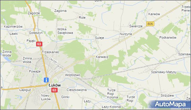 mapa Karwacz gmina Łuków, Karwacz gmina Łuków na mapie Targeo