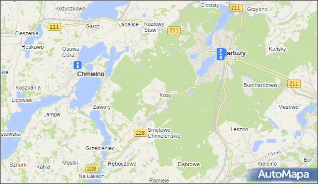 mapa Kosy gmina Kartuzy, Kosy gmina Kartuzy na mapie Targeo
