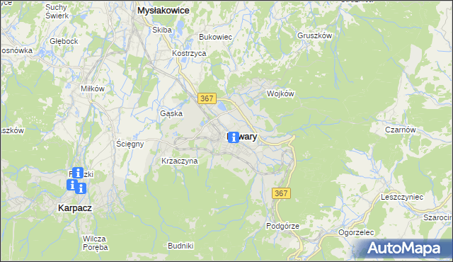 mapa Kowary powiat jeleniogórski, Kowary powiat jeleniogórski na mapie Targeo