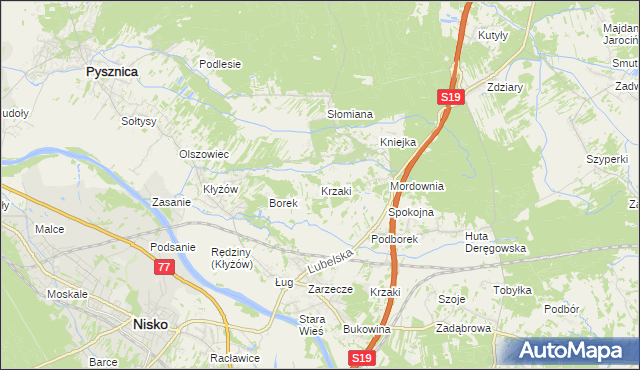 mapa Krzaki gmina Pysznica, Krzaki gmina Pysznica na mapie Targeo