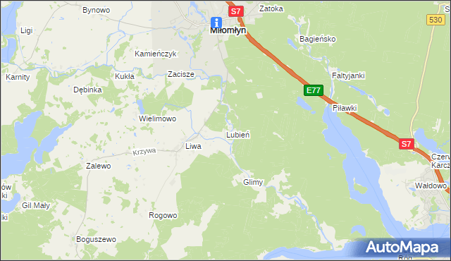 mapa Lubień gmina Miłomłyn, Lubień gmina Miłomłyn na mapie Targeo