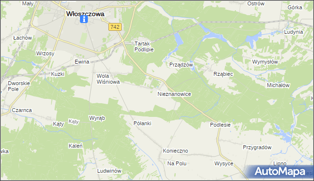 mapa Nieznanowice gmina Włoszczowa, Nieznanowice gmina Włoszczowa na mapie Targeo