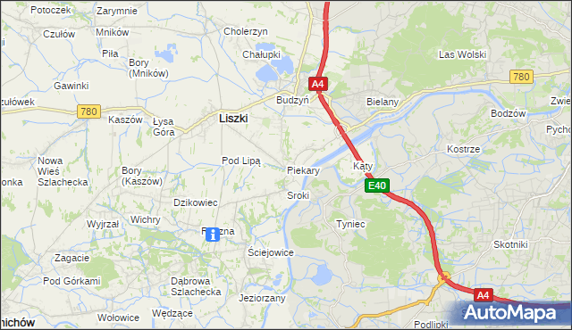 mapa Piekary gmina Liszki, Piekary gmina Liszki na mapie Targeo