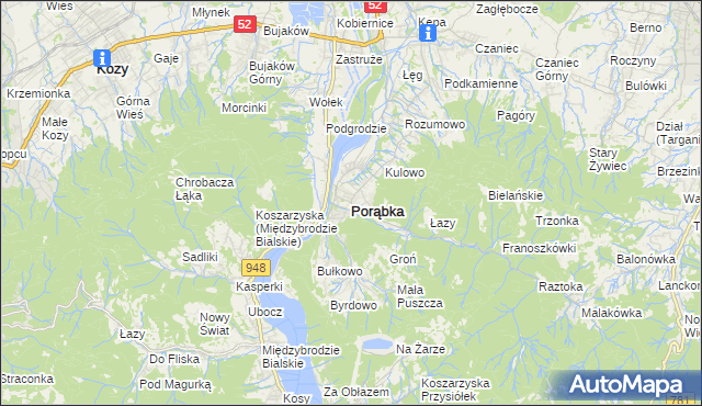 mapa Porąbka powiat bielski, Porąbka powiat bielski na mapie Targeo