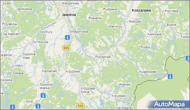 mapa Przyborów gmina Jeleśnia, Przyborów gmina Jeleśnia na mapie Targeo