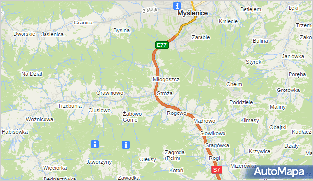 mapa Stróża gmina Pcim, Stróża gmina Pcim na mapie Targeo