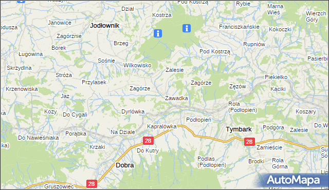 mapa Zawadka gmina Tymbark, Zawadka gmina Tymbark na mapie Targeo