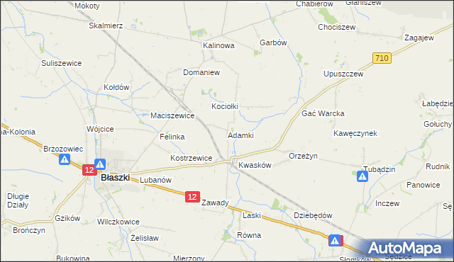 mapa Adamki gmina Błaszki, Adamki gmina Błaszki na mapie Targeo