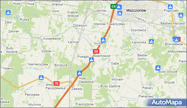 mapa Adamowice gmina Mszczonów, Adamowice gmina Mszczonów na mapie Targeo