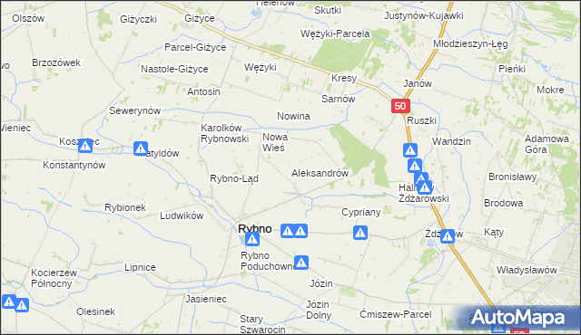 mapa Aleksandrów gmina Rybno, Aleksandrów gmina Rybno na mapie Targeo