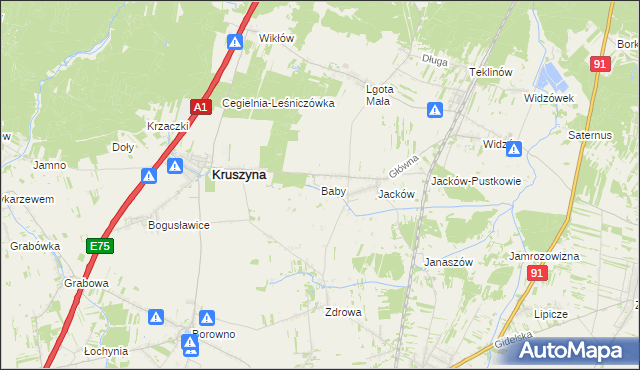 mapa Baby gmina Kruszyna, Baby gmina Kruszyna na mapie Targeo