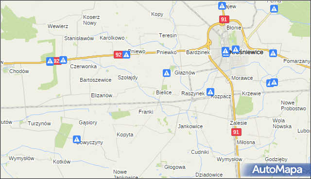 mapa Bielice gmina Krośniewice, Bielice gmina Krośniewice na mapie Targeo