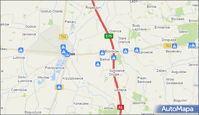 mapa Bielice gmina Piątek, Bielice gmina Piątek na mapie Targeo