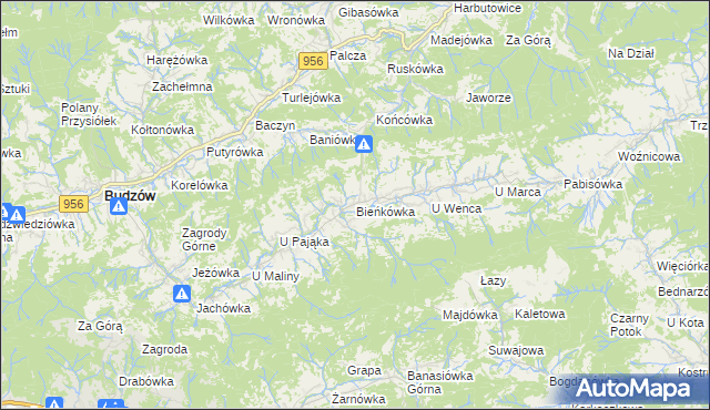 mapa Bieńkówka gmina Budzów, Bieńkówka gmina Budzów na mapie Targeo