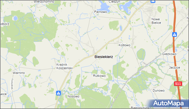 mapa Biesiekierz powiat koszaliński, Biesiekierz powiat koszaliński na mapie Targeo