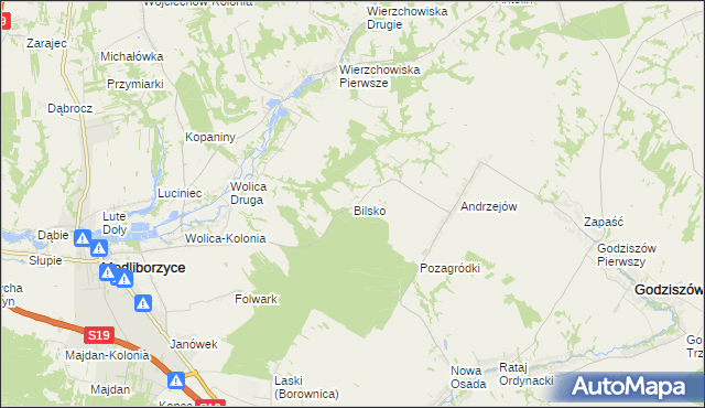 mapa Bilsko gmina Modliborzyce, Bilsko gmina Modliborzyce na mapie Targeo