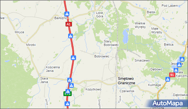 mapa Bobrowiec gmina Smętowo Graniczne, Bobrowiec gmina Smętowo Graniczne na mapie Targeo