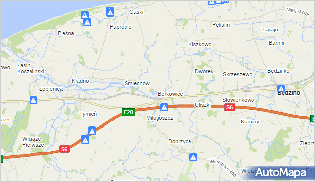 mapa Borkowice gmina Będzino, Borkowice gmina Będzino na mapie Targeo