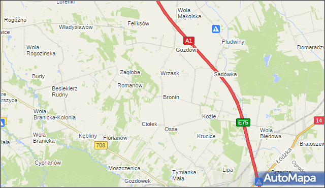 mapa Bronin gmina Stryków, Bronin gmina Stryków na mapie Targeo