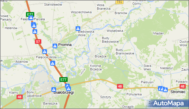 mapa Brzeźce gmina Białobrzegi, Brzeźce gmina Białobrzegi na mapie Targeo