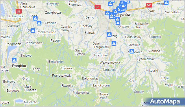 mapa Brzezinka gmina Andrychów, Brzezinka gmina Andrychów na mapie Targeo