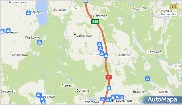 mapa Brzozowo gmina Przybiernów, Brzozowo gmina Przybiernów na mapie Targeo