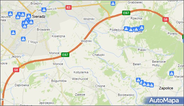 mapa Chałupki gmina Sieradz, Chałupki gmina Sieradz na mapie Targeo