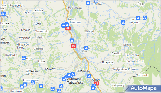 mapa Czarna Góra gmina Bukowina Tatrzańska, Czarna Góra gmina Bukowina Tatrzańska na mapie Targeo