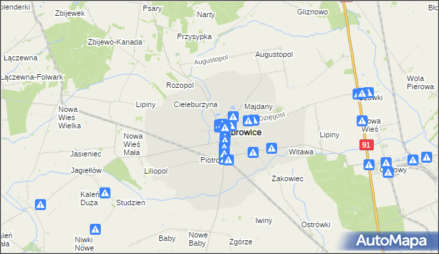 mapa Dąbrowice powiat kutnowski, Dąbrowice powiat kutnowski na mapie Targeo