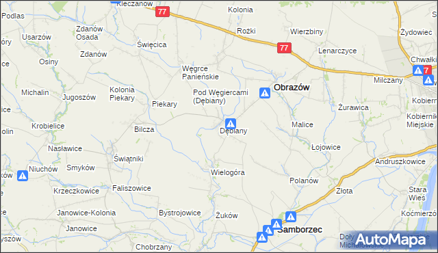 mapa Dębiany gmina Obrazów, Dębiany gmina Obrazów na mapie Targeo