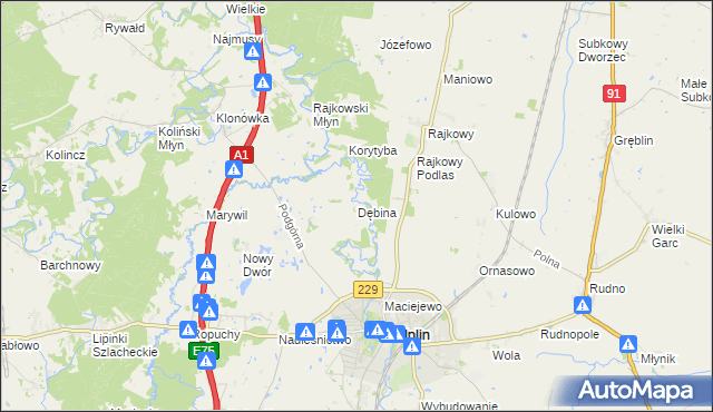 mapa Dębina gmina Pelplin, Dębina gmina Pelplin na mapie Targeo