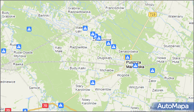 mapa Długokąty gmina Puszcza Mariańska, Długokąty gmina Puszcza Mariańska na mapie Targeo