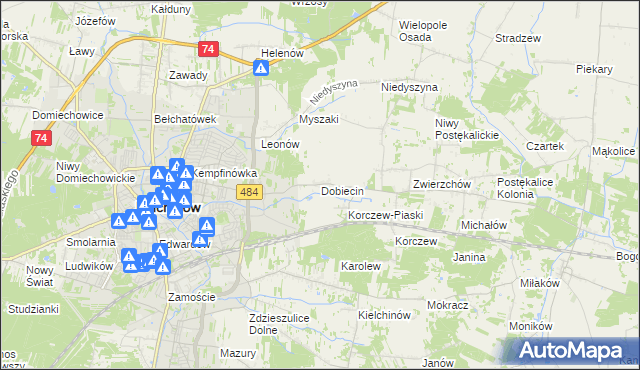 mapa Dobiecin gmina Bełchatów, Dobiecin gmina Bełchatów na mapie Targeo