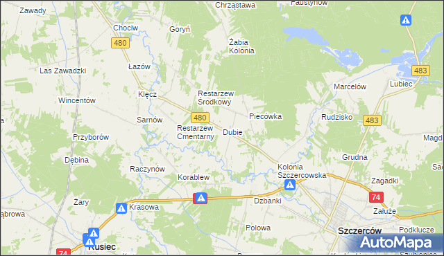 mapa Dubie gmina Szczerców, Dubie gmina Szczerców na mapie Targeo
