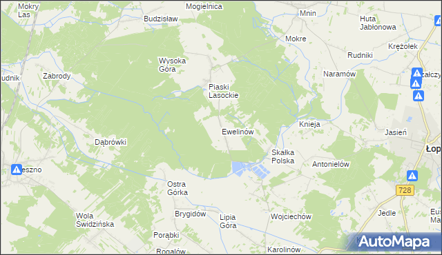 mapa Ewelinów gmina Łopuszno, Ewelinów gmina Łopuszno na mapie Targeo
