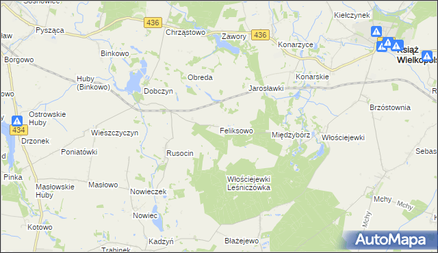 mapa Feliksowo gmina Książ Wielkopolski, Feliksowo gmina Książ Wielkopolski na mapie Targeo