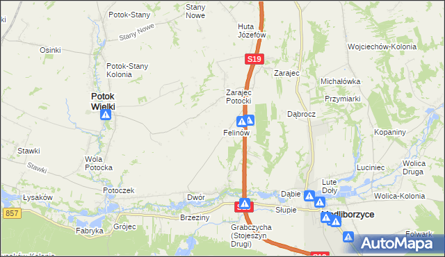 mapa Felinów gmina Modliborzyce, Felinów gmina Modliborzyce na mapie Targeo