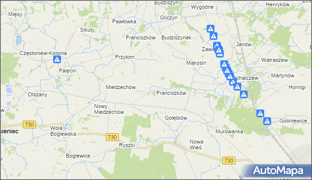 mapa Franciszków gmina Jasieniec, Franciszków gmina Jasieniec na mapie Targeo