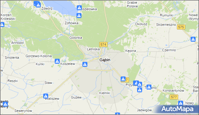 mapa Gąbin powiat płocki, Gąbin powiat płocki na mapie Targeo