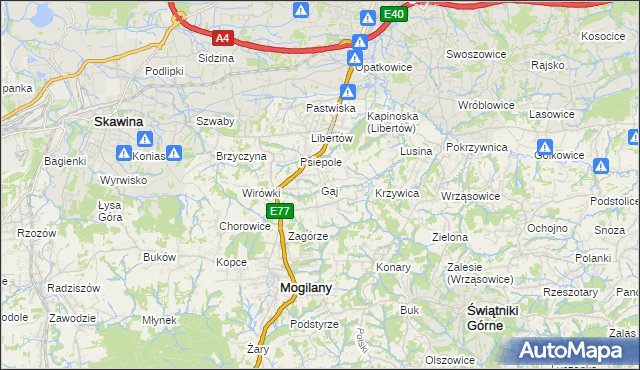 mapa Gaj gmina Mogilany, Gaj gmina Mogilany na mapie Targeo
