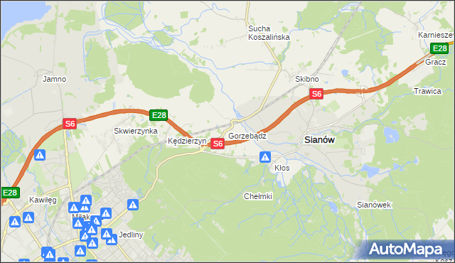 mapa Gorzebądz gmina Sianów, Gorzebądz gmina Sianów na mapie Targeo