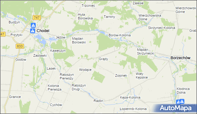 mapa Grądy gmina Chodel, Grądy gmina Chodel na mapie Targeo
