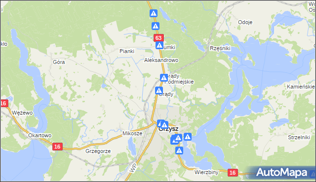 mapa Grądy gmina Orzysz, Grądy gmina Orzysz na mapie Targeo