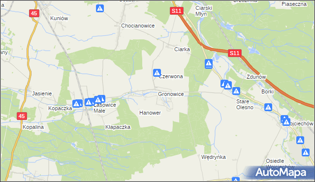 mapa Gronowice gmina Lasowice Wielkie, Gronowice gmina Lasowice Wielkie na mapie Targeo