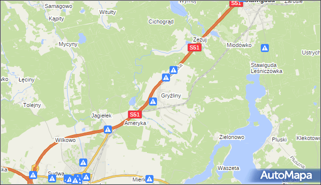 mapa Gryźliny gmina Stawiguda, Gryźliny gmina Stawiguda na mapie Targeo